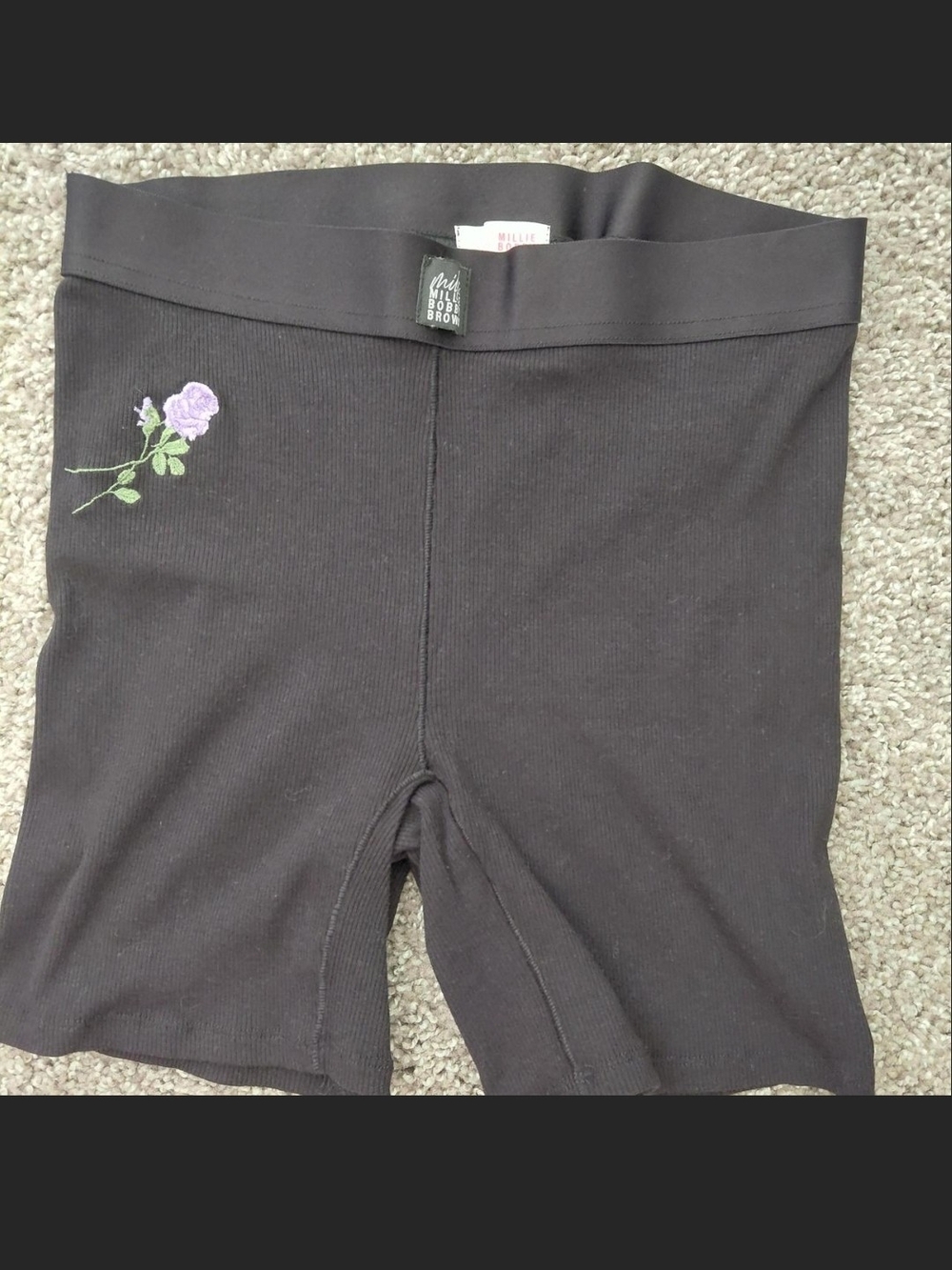 Millie Bobby Brown Ribbed Bike Shorts with Purple Rose Embroidery